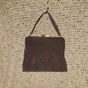 GOLD SEAL-Vintage 50s Corded Chocolate Brown Bag-Attached Coin Purse-Near Mint